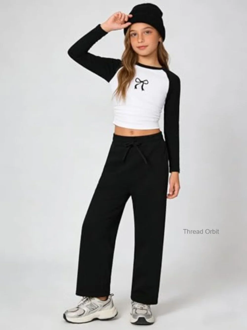 Girls Color Block Bow Print Top & Wide Leg Sweatpants 2 Piece Outfit Set